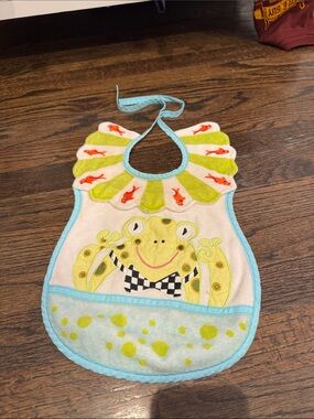 Kids Bib with Playful Green Frog and Aqua Trim